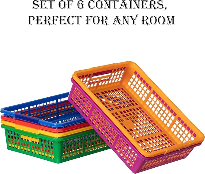 Basicwise 6-pc Assorted Colors Plastic Storage Basket Stackable Organizers for Paper Books Craft Supplies Pantry Items or Classroom Use Multi-Purpose Desk Accessories for Home School Daycare or Office