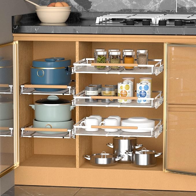 Pull Out Drawer Cabinet Organizer, Expandable Slide Out Storage Shelves - Heavy Duty, Durable and Smooth Slide-Out, 12.3" x 18.3" Wide x 17.3" Deep, 2 Pack
