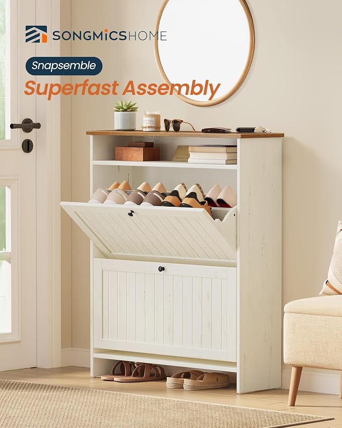 SONGMICS Home Shoe Cabinet, Snapsemble Superfast Assembly, Shoe Storage Cabinet for Entryway with 2 Flip Drawers, Adjustable Dividers and Open Storage, Farmhouse, Rustic White and Honey Brown