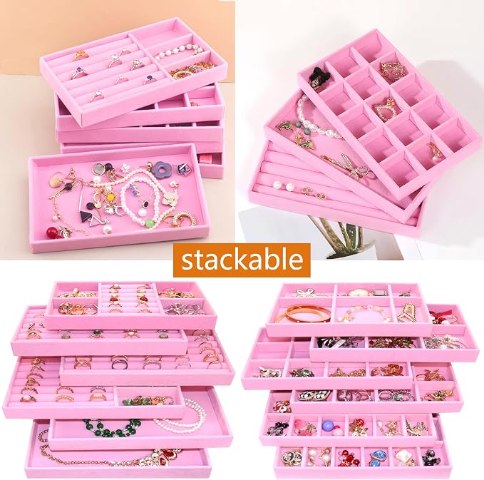 12 Set Jewelry Tray Stackable Velvet Jewelry Organizer Trays for Drawers Inserts Earrings Necklace Rings Jewelry for Women