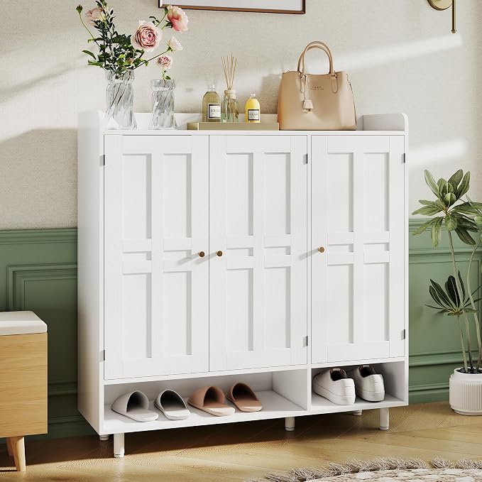 Shoe Cabinet with 3 Doors and Adjustable Shelves, Large Shoe Storage Cabinet for 24–30 Pairs, Modern Farmhouse Shoe Organizer with Open Bottom Shelf for Entryway, Living Room, White