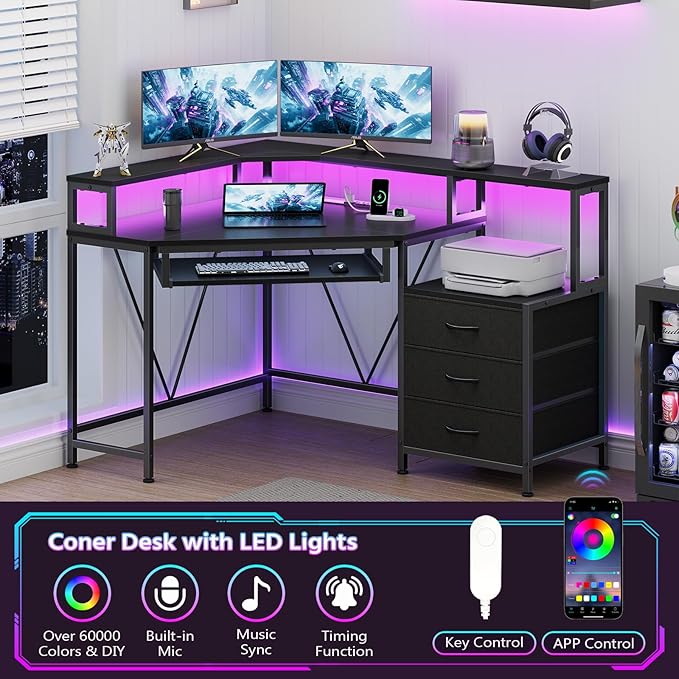 47" Corner Desk with Drawers, Power Outlets ＆ Printer Shelf for Small Space | Small Computer Desk with Monitor Stand, Triangle Gaming Desk with LED Lights and Keyboard Tray, Black