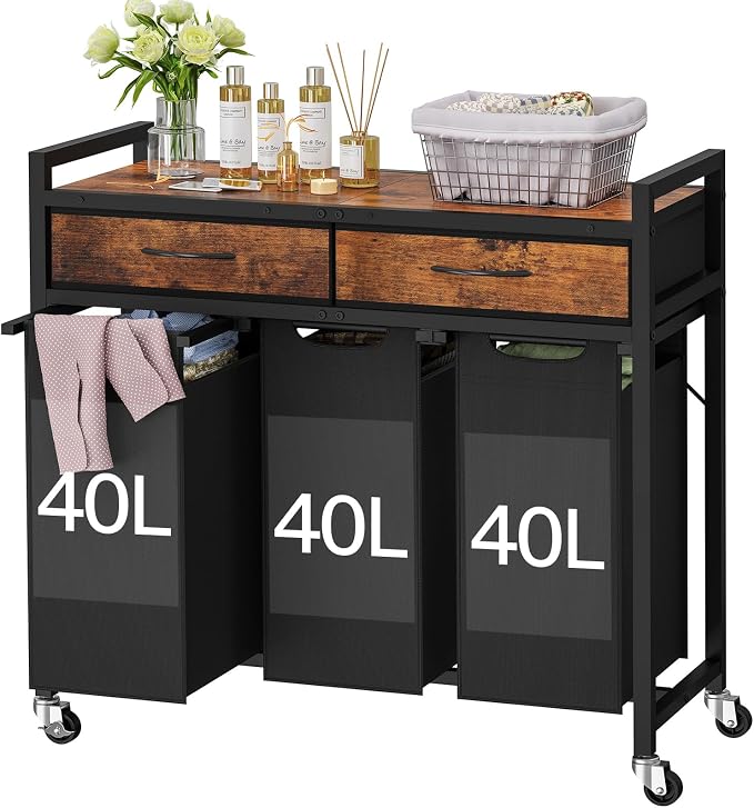 Laundry Sorter 3 Section, 120 L Laundry Hamper with 2 Drawers & 2-tone Top Panel, Rolling Laundry Basket Organizer with Pull-Out Removable Oxford Fabric Bags for Laundry Room Organization