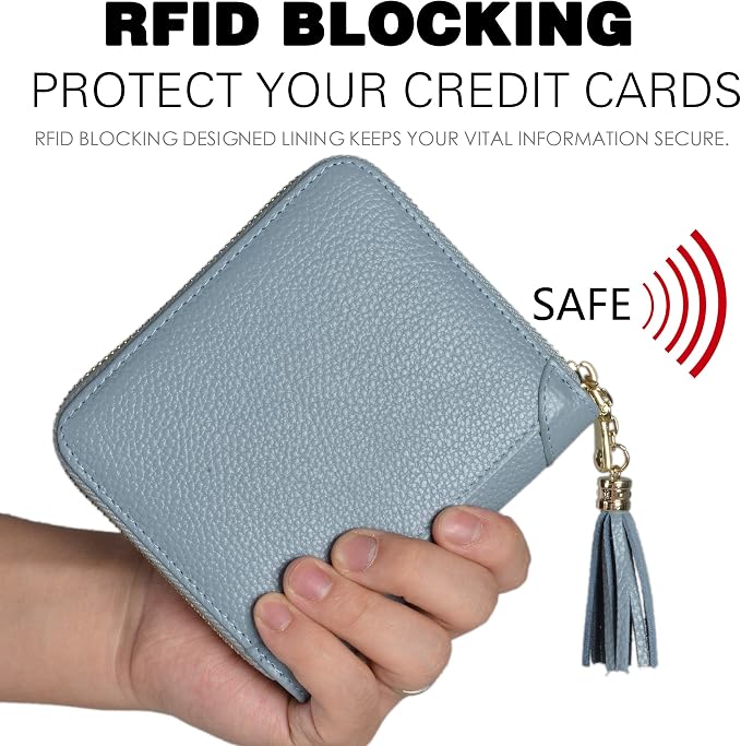 Easyoulife Womens Credit Card Holder Wallet Zip Leather Card Case RFID Blocking (Light Blue)