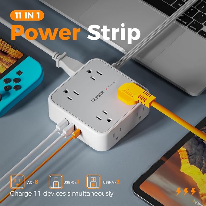 TESSAN Surge Protector Power Strip, 5 Ft Flat Plug Extension Cord with 3 USB (1 USB C) 8 Outlets, 900J Protection, 3 Sided Outlet Extender with Ring Plug for Office, Dorm Room, Grey