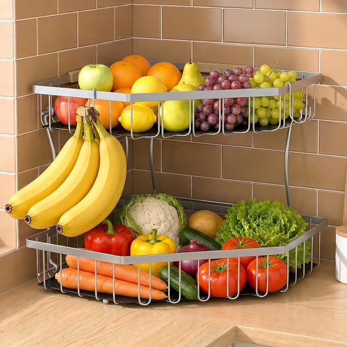 2 Tier Fruit Basket for Kitchen Counter - Detachable Metal Fruit Bowl with 2 Banana Hangers for Corner , Large Capacity Fruit Stand with Wooden Handle for Bread Fruit and Vegetable Storage - Silver