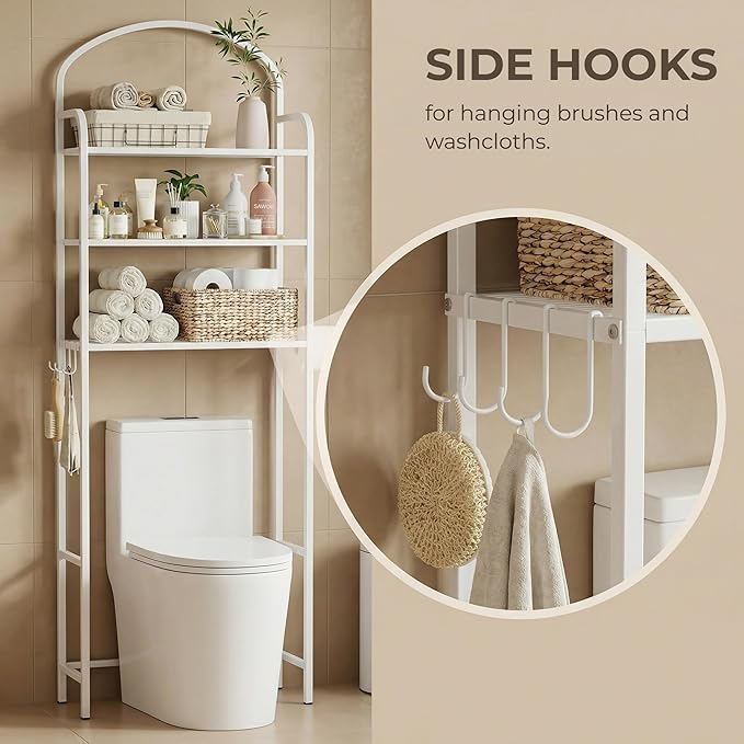 3 Tier Over The Toilet Storage Rack, Bathroom Organizer | Toilet Storage with 4 Hooks & Paper Holder, Space-Saving, Freestanding Bathroom Shelf, Metal, White