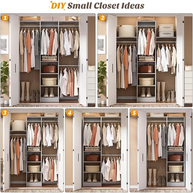 Cyclysio 4FT Small Closet System, 80"H Closet Organizer System with 4 Closets Rods & 3 Shelves, 48" Closets Organizers and Storage for Small Bedrooms, Laundry Rooms, Cloakrooms, Grey
