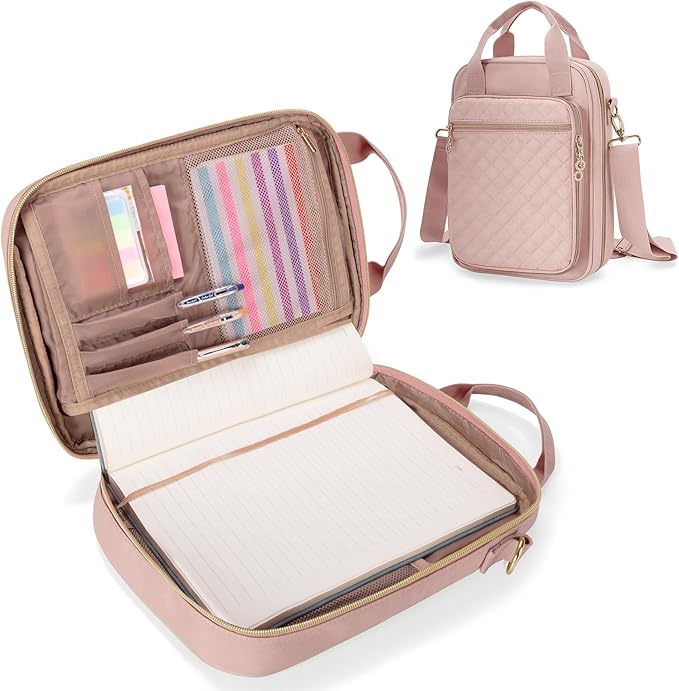 Teamoy Journal Supplies Storage Case, Planner Bag with Pen Slots, Pink | Quilted Stationery Bag with Shoulder Strap, Travel Organizer Holder for B5 Notebooks, Planner, Pens, and Journal Accessories