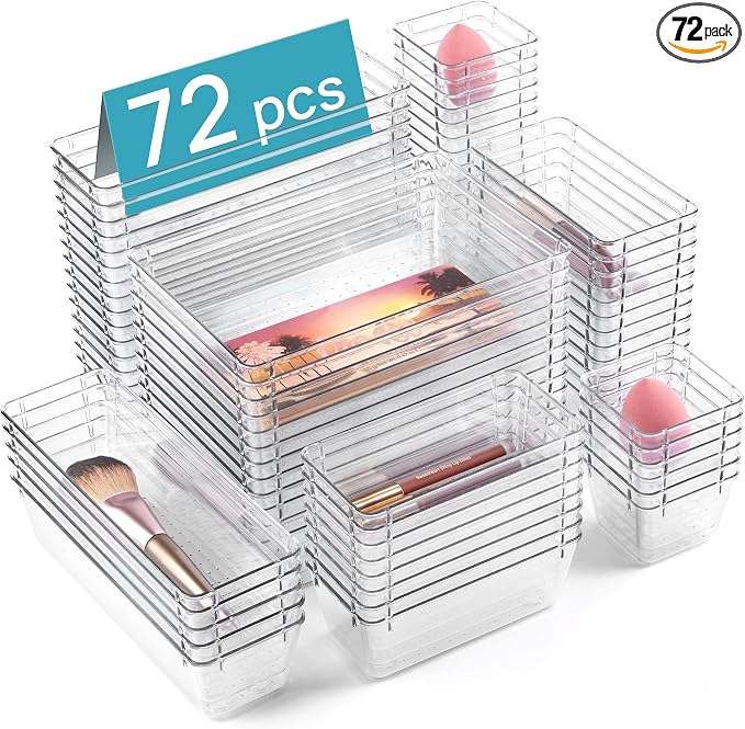 Vtopmart 72 PCS Clear Plastic Drawer Organizers Set, 4-Size Versatile Bathroom and Vanity Organizer Trays, Non-Slip Storage Containers for Makeup, Jewelries, Bedroom，Kitchen Utensils and Office