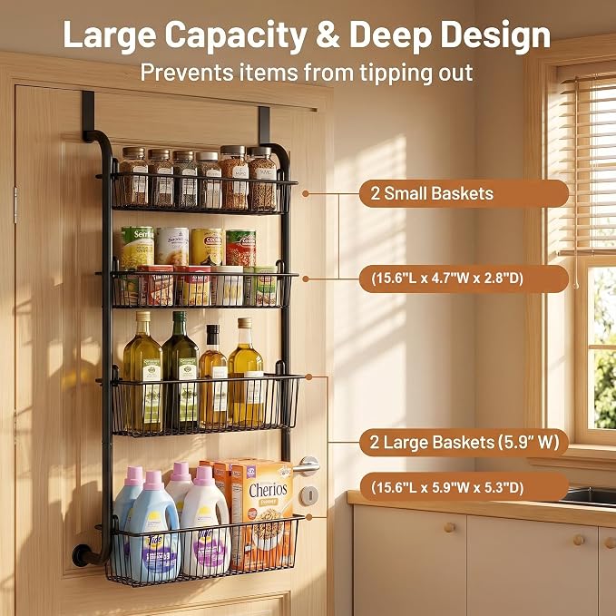 Purebox 4-Tier Over The Door Pantry Organizer & Spice Rack, Heavy Duty Deep Basket Storage with Thickened Carbon Steel Frame & Anti-Shake Suction Cups, Hanging Rack for Kitchen Bathroom Laundry