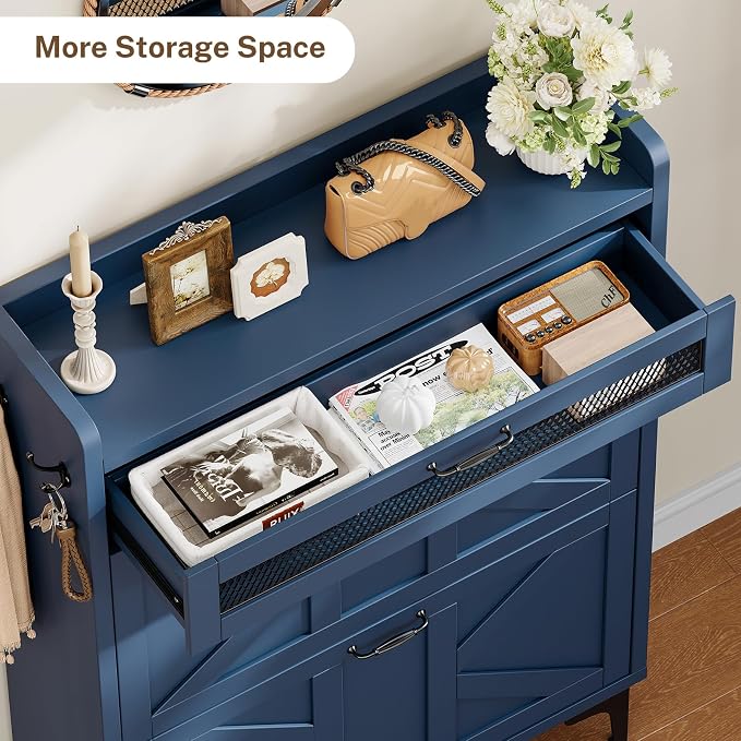 TEENFON Shoe Cabinet with 2 Flip Drawers & Top Drawer, Farmhouse Narrow Shoe Storage Cabinet with Adjustable Shelves & Hooks, Freestanding Hidden Slim Shoe Rack Cabinet for Entryway, Hallway, Blue