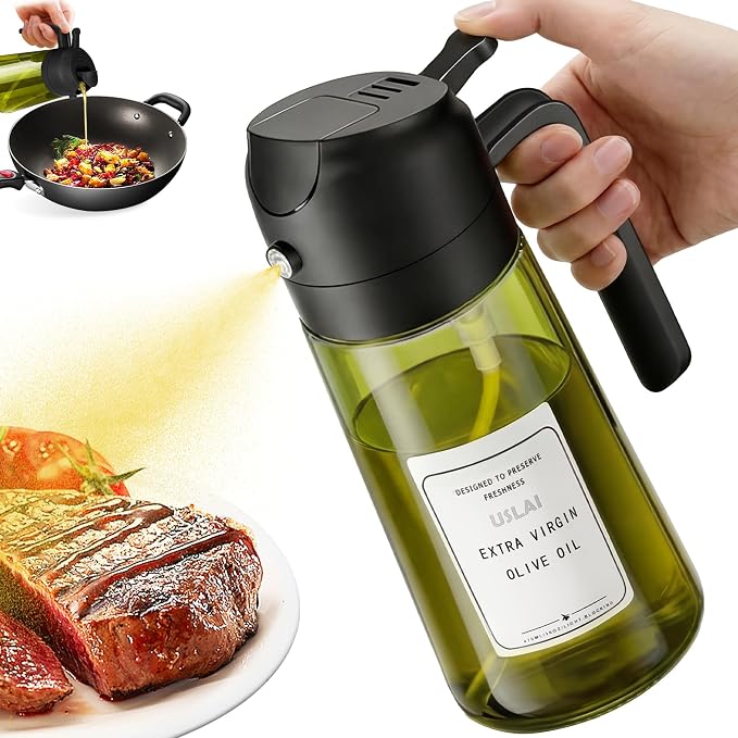 USLAI Oil Sprayer for Cooking, 16oz/470ml 2 in 1 Glass Olive Oil Dispenser Bottle for Kitchen, Air Fryer, BBQ and Salad - Green