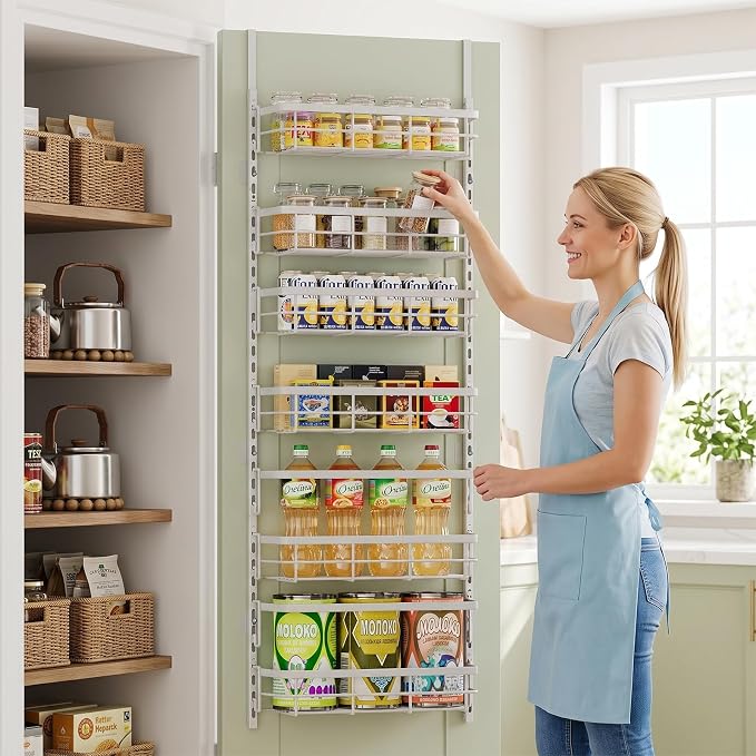 Apinol Over the Door Pantry Organizer, Adjustable 6 Tier Wide Storage Shelves with Hooks Fit Thin Doors Hold Spices Rack for Pantry Kitchen RV, White