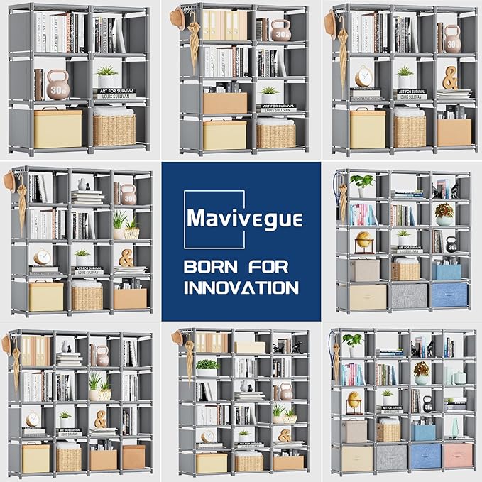Mavivegue Book Shelf, 12 Cube Storage Organizer, DIY Bookcase, Metal Cube Bookshelf, Cubbies Closet Storage Organizer Shelves for Bedroom,Living Room,Home,Office