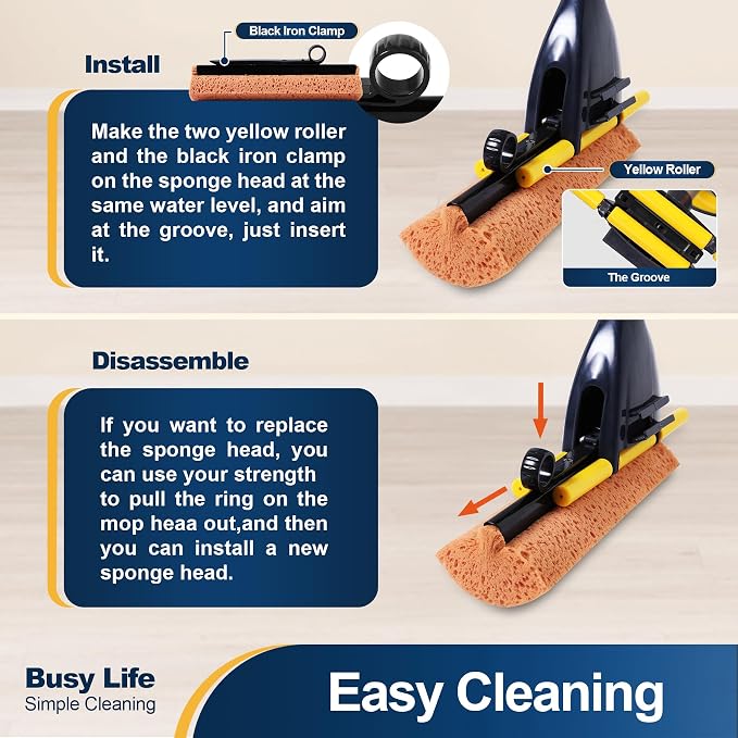 Yocada Sponge Mop Home Commercial Use Tile Floor Bathroom Garage Cleaning | Total 2 Sponge Heads NOT 3 Telescopic Handle Squeegee from 42.5 to 52 Inches Easily Dry Wringing only 2 Heads