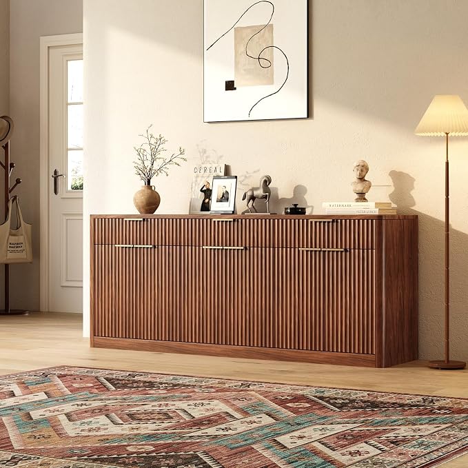 Evermagin 67" Fluted Walnut Sideboard Buffet Cabinet with 3 Drawers | Modern credenza and console cabinet with storage for kitchen, living room, entryway or coffee bar, 67"W x 31.5"H x 15.7"D