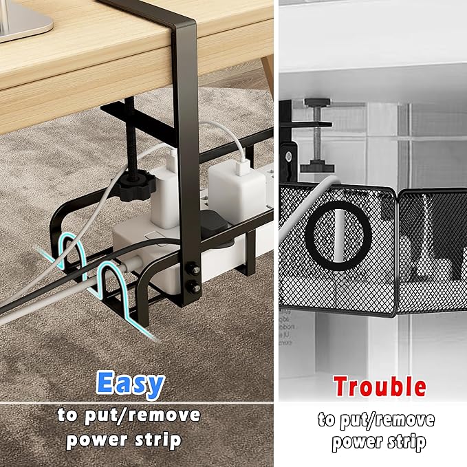 Sleclean Under Desk Cable Management Tray, 2 Pack, 16.6"x4.7" Steel Cable Organizers With Upgraded Long Arm Clamp, No Drill Wire Management for Home - No Damage to Desk