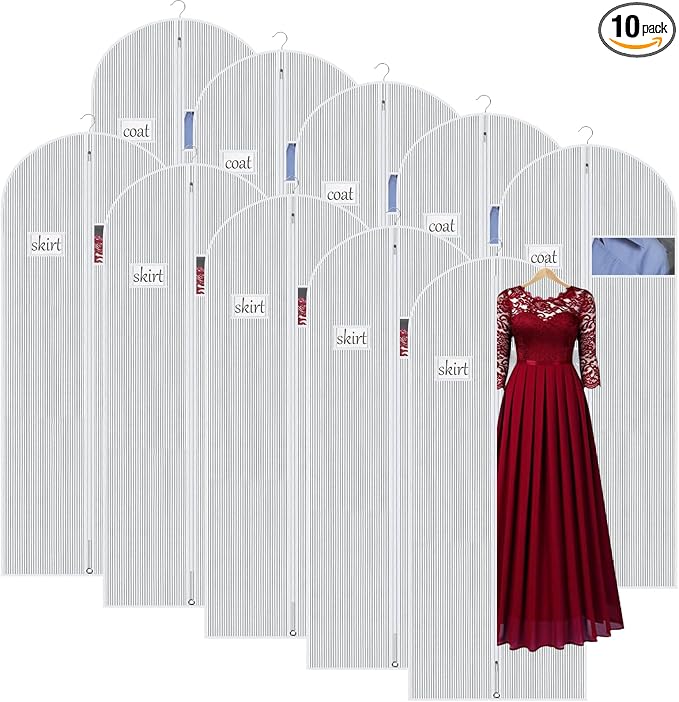 Univivi Long Garment Bags Dress Bags for Gowns, 60 Inch, 10 Pack, White | Breathable Dress Bag, Dustproof Hanging Garment Bag, Clear Window and ID Card Holder for Coats, Dresses