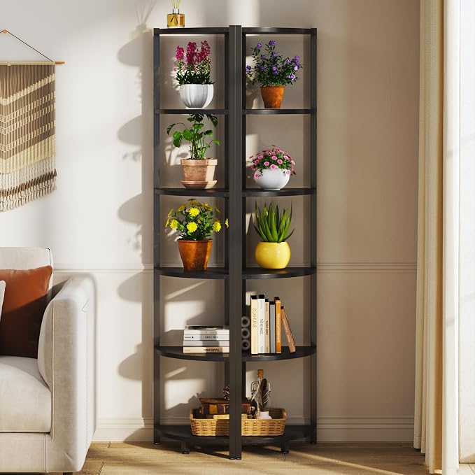 Corner Shelf with LED Lights, 6-Tier Corner Bookshelf, 66'' Organizer Book Shelf Shelves Steel Frame Display Stand with Living Room, Bedroom, Study, Black