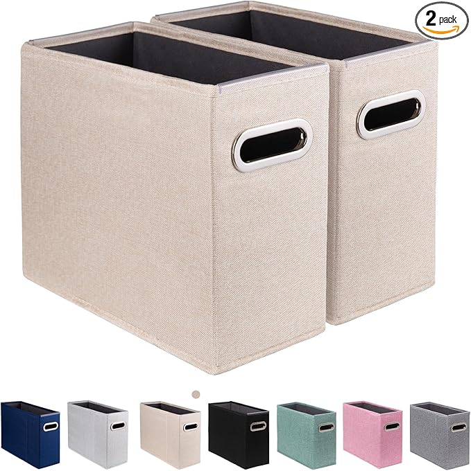 2 Pack Letter Size File Storage Box Collapsible, Fabric Hanging File Folders Organizer, Portable Office Document Holder with Metal Handle, Smooth PVC Rails, Beige