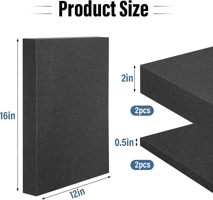 4pcs High Density Packing Foam Sheets, 2 Size Black Polyurethane Foam Padding, Cushioning Foam Inserts for Cases, Shipping, Storage Drawer (16" X 12" X 0.5" / 2")