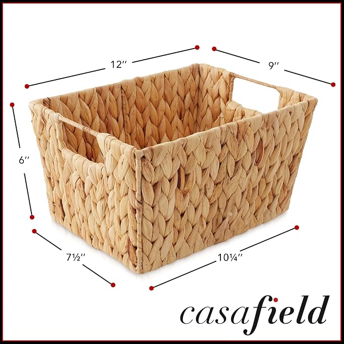 Casafield Set of 4 Water Hyacinth Storage Baskets with Handles - Natural, Woven Storage Bins for Shelves, Blankets, Laundry Organization