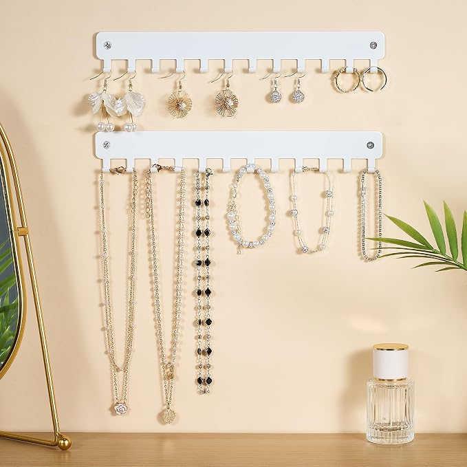 bussdis Drill-In Necklace Organizer: Sturdy Necklace Holder Wall Mounted with Hooks for Tangle-Free Jewelry Storage – Space-Saving Wall Necklace Hanger, White, 2 PCS