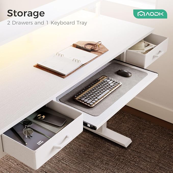 AODK 55 Inch Electric Standing Desk with Drawers & Keyboard Tray, White | 3 Outlets & 2 USB Ports, 20-Mode LED Lights, Monitor Stand, Cable Management Tray, 3 Memory Heights, 29.9"-46.1" in Range