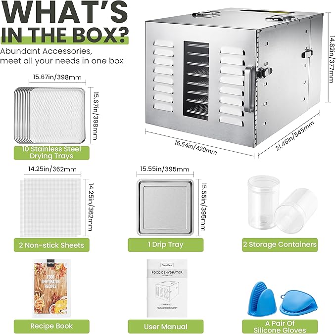 Commercial 10 Trays Food Dehydrator Machine for Jerky and Herbs Usable Area up to 24.65ft² and 194℉ Temperature 1000W Detachable Stainless Steel Dryer for Meat Fruit Mushrooms Beef Food Silvery