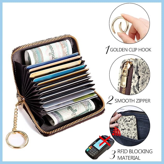 Blusabaca Women Credit Card Holder, Small RFID Wallet with Wristlet Strap | Removable Keychain, Case with Zipper, Vegan PU Leather, Cash Coin Pocket, Business Accordion Purse, Ladies Female Gift
