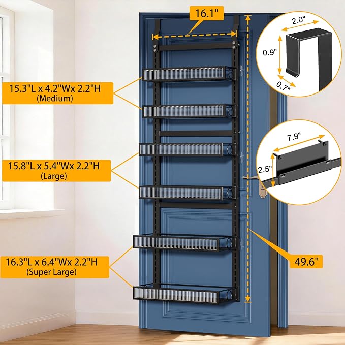 Over the Door Pantry Organizer 6 Tiers Hanging or Wall Mounted Spice Rack with Adjustable Basket,Heavy Duty Metal Seasoning Organizer Shelf for Kitchen Pantry and Bathroom