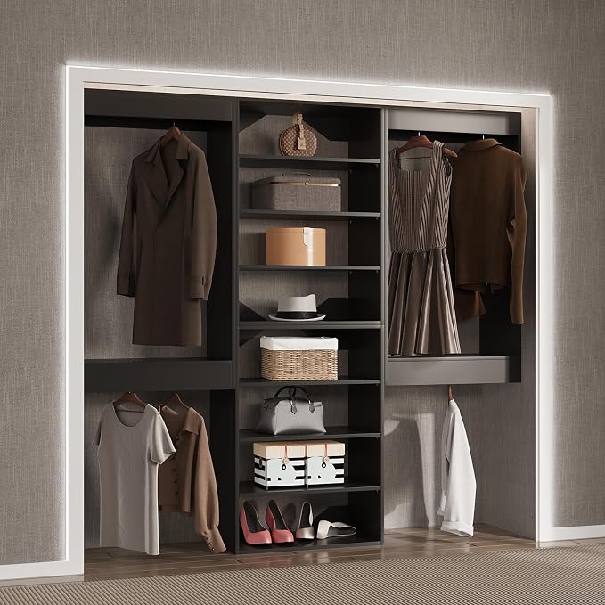 Modular Closet - 84" Wide Organizer with Towers, Hanging Storage, Wall Mounted Kit - Black