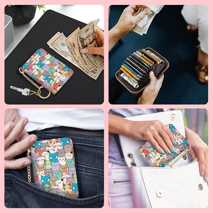 Blusabaca RFID Credit Card Holder Small Women Travel Wallet, Cute Cats | Removable Keychain, Case with Zipper, Vegan PU Leather, Cash Coin Pocket, Business Accordion Purse, Ladies Female Gift