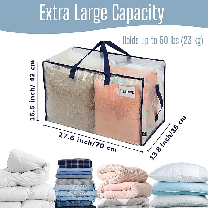 VENO 6 Pack Clear Extra Large Moving Bags & Storage Totes, Heavy Duty Organizer with Reinforced Handles & Strong Zippers for Clothes, College Dorm Essentials, Moving Supplies
