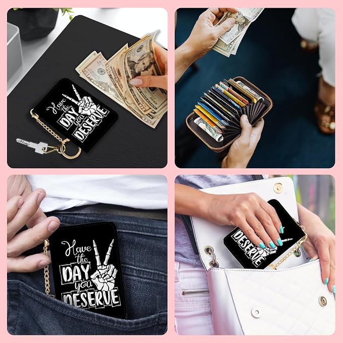Blusabaca RFID Credit Card Holder Small Women Travel Wallet, Skull Sign | Removable Keychain, Case with Zipper, Vegan PU Leather, Cash Coin Pocket, Business Accordion Purse, Ladies Female Gift