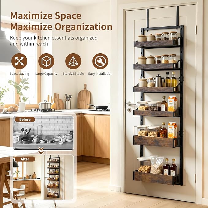 Tviort 6-Tier Over Door Pantry Organizer, Adjustable Heavy Duty Spice Rack | Metal 6-tier over-door/wall-mounted spice rack with wood baskets, adjustable detachable storage for kitchen and bathroom