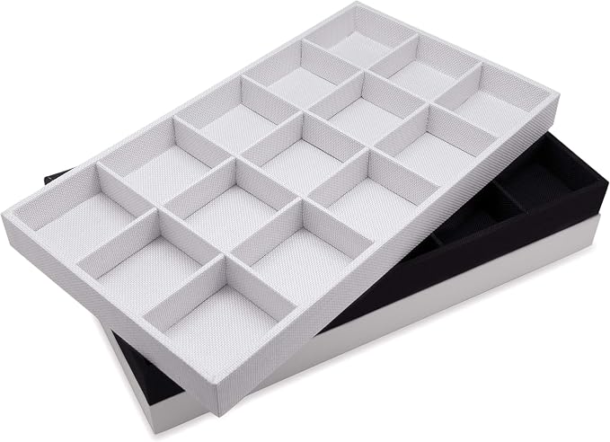 The Display Guys - Stackable Jewelry Tray and Organizer - for Drawers, Dressers, Store Display (15 Compartments, Black Burlap)