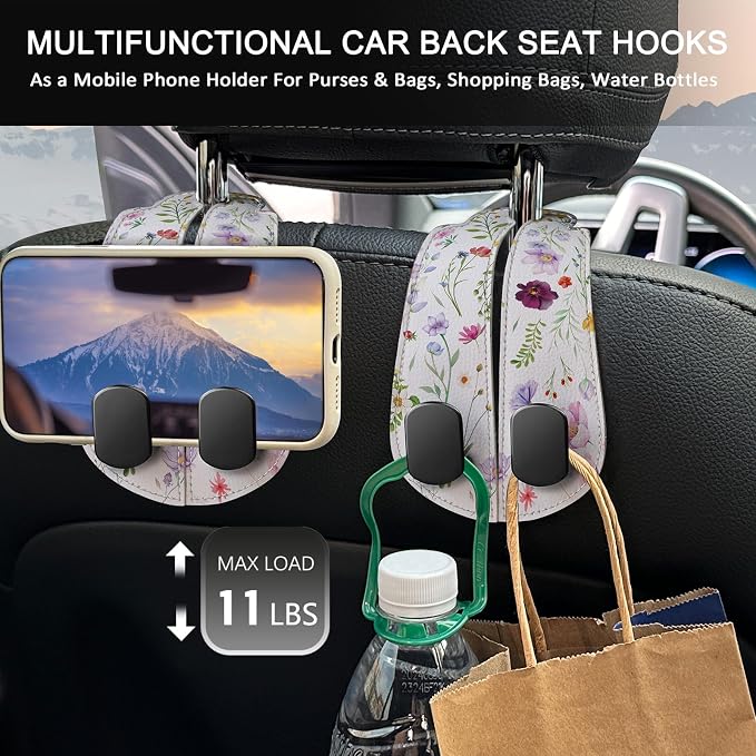 Blusabaca 2PCS Car Seat Headrest Hooks, Purses Bags Holder, Flowers Floral | PU Leather, Double Metal Back Storage Hangers for Grocery Bags Handbags Bottles Coats Phones, Car Accessories Organization