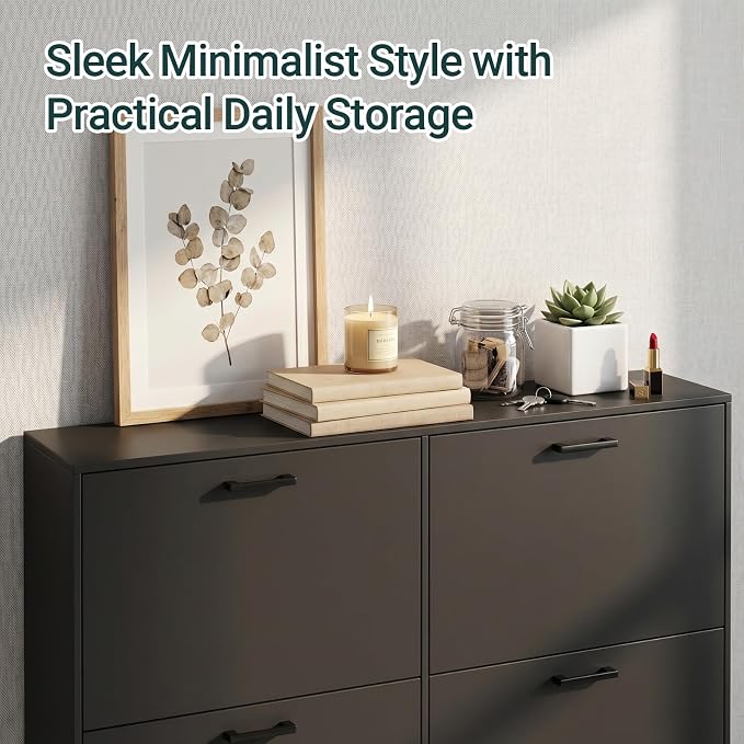 Shoe Cabinet with 4 Flip Drawers, Narrow Freestanding Shoe Organizer, Hidden Slim Freestanding Shoe Storage Cabinet for Entryway,Hallway, Living Room, Black