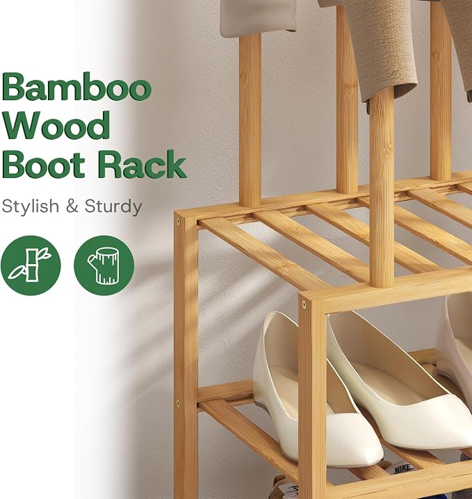 kiplant Tall Boot Rack Organizer - 8 Pair Boot Rack Bamboo Wood Shoe Rack for Entryway & Closet, Holds Tall Boots