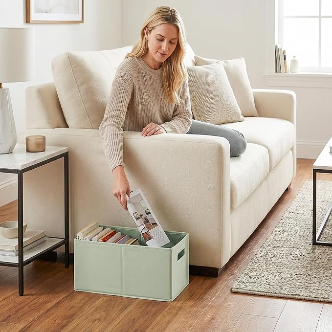 StorageWorks Fabric Storage Bins for Shelves, Closet Organizers and Storage Baskets, Collapsible Storage Bins with Cutout Handles, Medium, 4-Pack, Ivory and Light Green