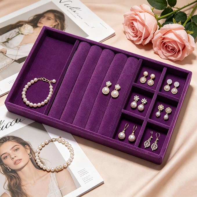 Velvet Jewelry Trays for Drawers, Purple Stackable Jewelry Drawer Organizer Inserts, Ring Earring Necklace Bracelet Holder Organizer Storage Display Tray with Removable Dividers, 3-in-1
