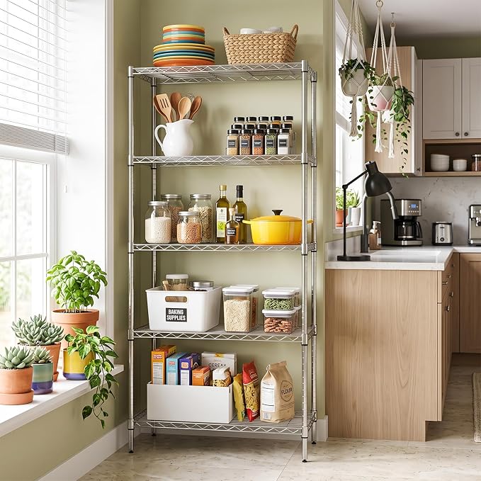 BestOffice | 5-Tier Wire Storage Shelves with Wheels | 14x30x60 | Chrome | Adjustable Racks | Heavy-Duty Metal Shelf, Holds Upto 220 lbs | No-Tool Assembly | Ideal for Home & Garage Shelving