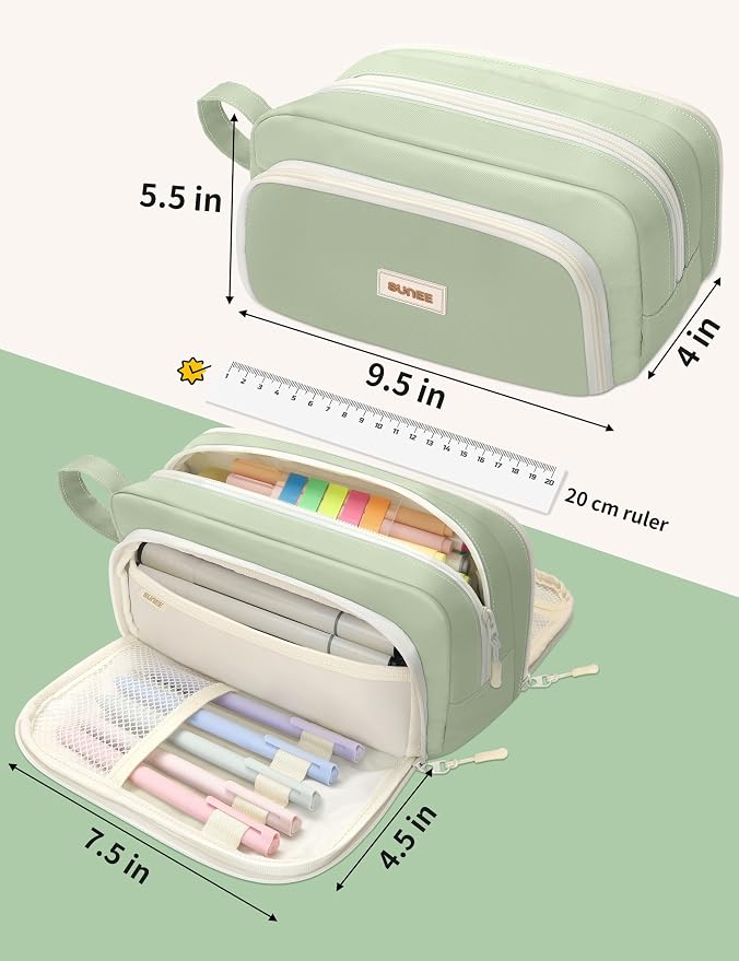SUNEE Cute Pencil Case, Aesthetic Pen Pouch with 3 Compartments, Kawaii Colored Large Pencil Bag with Zipper, Stationery Storage and Organizer, Green School Supplies for Teen and Adult Girls