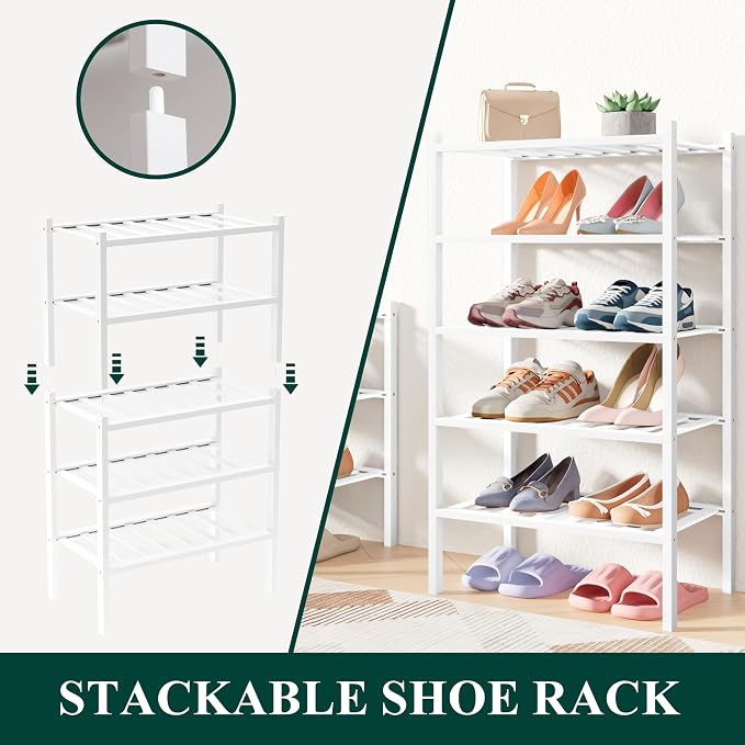 Smiry Bamboo Shoe Rack for Closet, 6 Tier Small Wooden Shoe Organizer, Stackable Wood Shoe Storage Shelf for Entryway, 14 Vertical Slats, 3+3 Stack Heavy-Duty Legs, 17.32"x11.02"x36.61", White