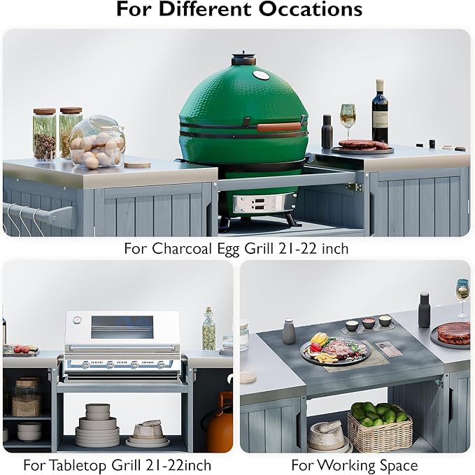 Amposei Outdoor Grill Cart Table for Large Big Green Egg Accessories 66.5’’ Solid Wood Kitchen Storage Island Prep Station with Stainless Steel Top for BBQ, Grey Blue