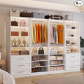 Closet system with 6 Wooden Drawers, 8-21FT Closet Organizer System, 6 Expandable Hanging Rods and 16 Open Shelves for Walk in Closet, Modular Closet Storage System with Shelves, Set of 4