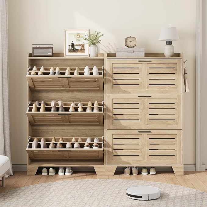 Garvee Shoe Storage Cabinet with 3 Flip Drawers, Freestanding Shoe Organizer Storage for Entryway with 2 Side Hooks, Farmhouse Hidden Slim Narrow Shoe Rack Cabinet, Natural Oak