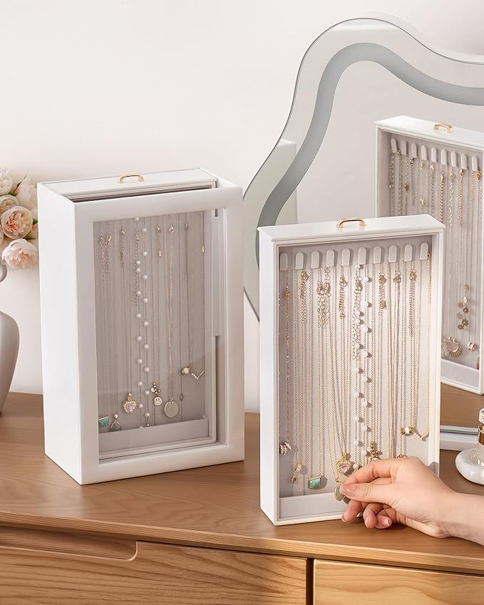 Lolalet Upgraded Double-Sided Hanging Necklace Organizer Box, Jewelry Display Case with Double-Sided Clear Window for Necklaces Bracelets, Tangle-Free Necklace Storage Box, White, 2-Layer 40 Hooks